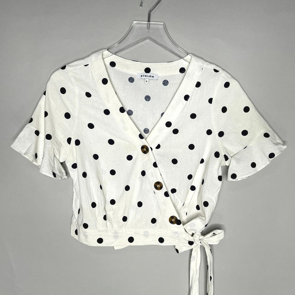 Stelen S Cream Black True Wrap Polka Dot Top 100% Cotton Ruffle Sleeve Preppy